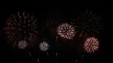 4k real fireworks with different pattern and colors on dark sky background Stock Footage 145262448
