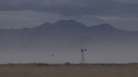4K real time of a bird flying around lone windmill in a Arizonan dust storm Stock Footage 229323071