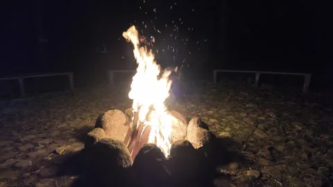 4K Real-Time Campfire: Burning Logs in Stone Fire Pit with Audio Stock-Footage 334200907