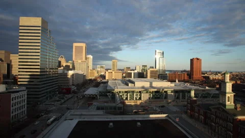 4K Real Time, High Angle Panoramic view of downtown Baltimore Maryland at sunset Stock Footage 267470159