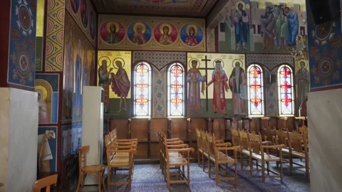 4K REALTIME ORTHODOX INTERIOR ARCHITECTURE WITH PAINTING  AND ICONS Video stock 235939248