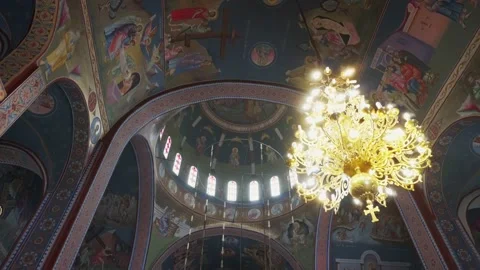 4K REALTIME ORTHODOX INTERIOR ARCHITECTURE WITH PAINTING  AND ICONS CHANDELIER Video stock 235940660