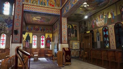 4K REALTIME ORTHODOX INTERIOR ARCHITECTURE WITH PAINTING  AND ICONS Video stock 236384913