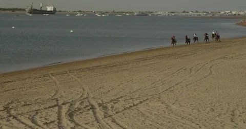 4K RED CAMERA, Slow motion horse race on the shore of Sanlucar beach Stock Footage 75423462