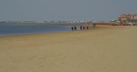 4K red camera, SM horse race on the shore of Sanlucar beach. Turf thoroughbred Stock Footage 75423347