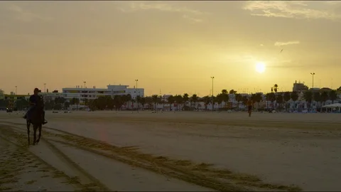 4k red camera, SM Rider training an English Thoroughbred horse on the beach Stock Footage 75422799
