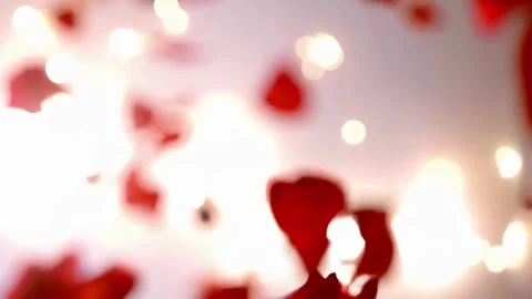 4K red rose petals falling in slow motion against soft, bokeh background. Stock Footage 300324245