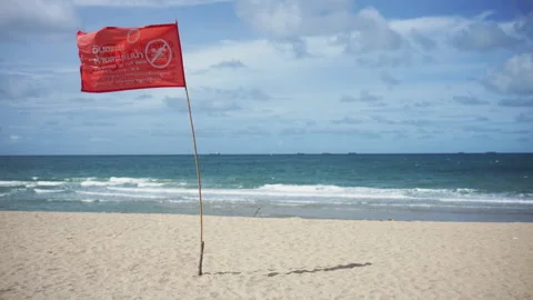 4K  Red warning flag on sandy beach with blurry sea background Stock Footage 337834796