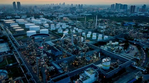 4K refinery during sunset time Aerial view of Chemical industry storage tan.. Stock Footage 256674899