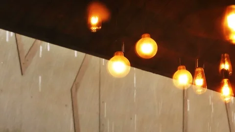 4K reflection of vintage old bulb natural swing from window in coffee shop Stock-Footage 92543070