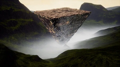 4K Reflective Sci-Fi Upside Down Pyramid in Foggy Valley Cinematic 3D  Stock-Footage 87553889