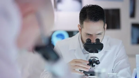 4K Research scientist working in the lab, analyzing a sample under microscope Stock Footage 69809523