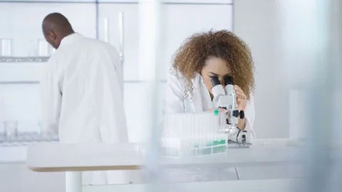 4K Research scientist working in laboratory, looking at sample under microscope. Stock Footage 73289726