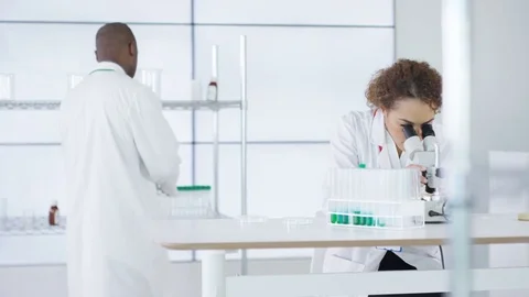4K Research scientist working in laboratory, looking at sample under microscope. Stock Footage 73290648