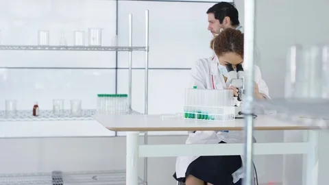 4K Research scientist working in laboratory, looking at sample under microscope. Stock Footage 73304770