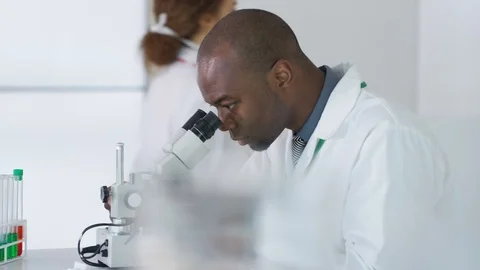 4K Research scientist working in laboratory, looking at sample under microscope. Video stock 73306865