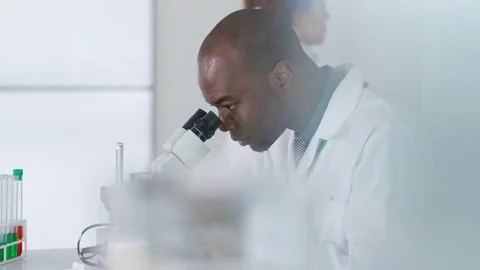 4K Research scientist working in laboratory, looking at sample under microscope. Stock Footage 73307227