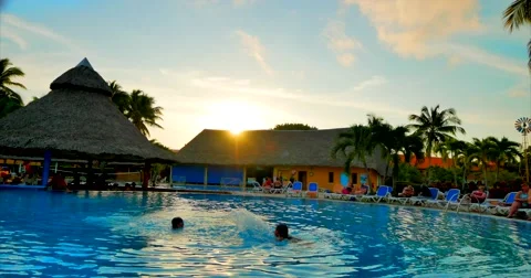 4K Resort Pool Bar at Sunset, Warm Water and Relaxation Stock Footage 46602745