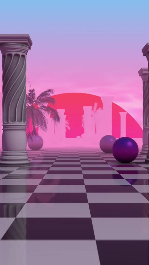 4K Retro background with checkerboard floor, columns and purple sky Stock Footage 305991901