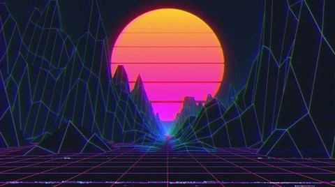 4K retro neon sunset. Synthwave vintage 3D neon landscape. VHS VJ background Stock Illustration