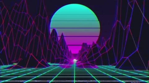 4K retro neon sunset. Synthwave vintage 3D neon landscape. VHS VJ background. Stock Illustration