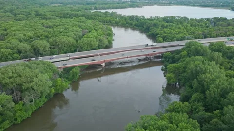 4K Reverse East Aerial View Of 169 Bridge Over Minnesota River Savage MN Stock Footage 278380499