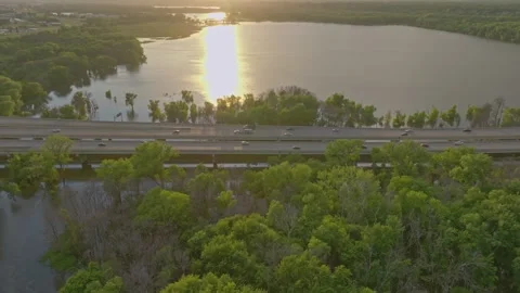 4K Reverse Tilting Drone Shot Of 169 Bridge Overlooking Fisher Lake Savage MN Stock Footage 278381028