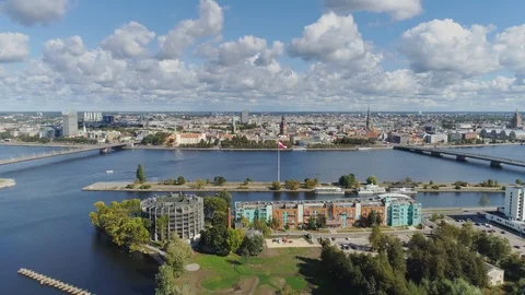 4K Riga down town City Bridges drone Flight Old town air flight with buildings 動画素材 97914950