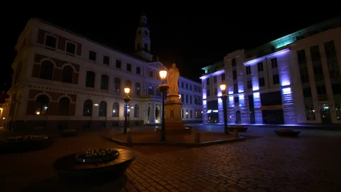 4K - Riga Town Hall Square at night Stock Footage 131556822
