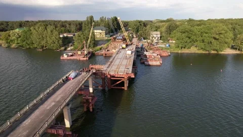 4K River bridge repair, construction concept new bridge . Drone video. Stock Footage 155268425