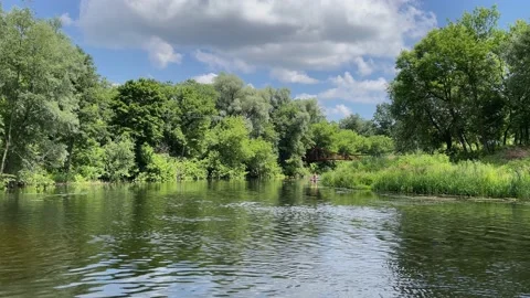 4k River with green trees around on blue sky background. Stock Footage 157988148