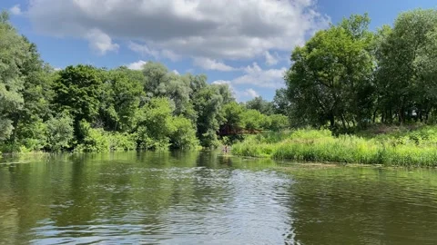 4k River with green trees around on blue sky background. Stock Footage 158206750