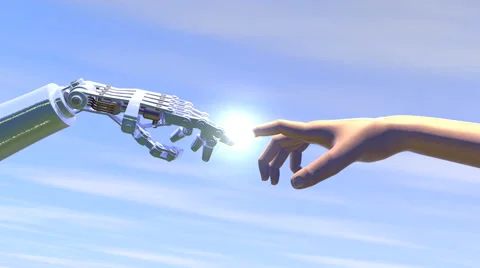 4K - Robotic and human hands connecting, 3D animation Video stock 48679083