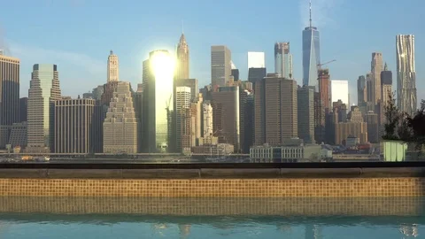 4K+ Rooftop Pool View of New York City Skyline Stock Footage 79129411