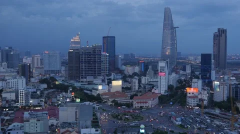 4K Rooftop view skyline, roundabout, traffic, Ho Chi Minh City/Saigon, Vietnam Stock Footage 66341046