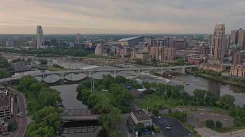 4K Rotating Aerial View of 3rd Ave Arch Bridge Overlooking Nicollet Island Stock Footage 283339240
