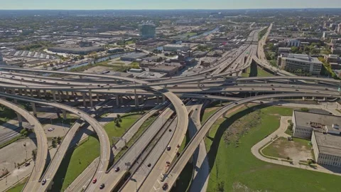 4K Rotating Aerial View Of Complex Milwaukee Intersection From Northeast Stock Footage 224654664