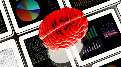 4k rotating brain &amp; Mobile devices,finance pie charts &amp; stock trend in the ipad Stock Footage 61398241
