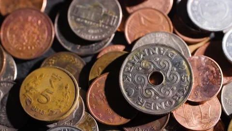 4K Rotating macro close up of old rusty coins from different countries. Stock Footage 145198264