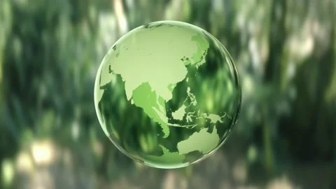 4k Rotating planet Earth shaped crystal ball in a green forest 3D animation loop Stock Footage 205577253