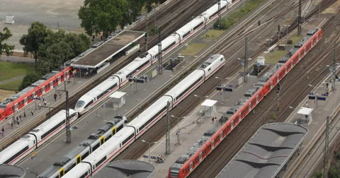 4K Rush Hour Train Passing Movement Traffic Railway Station Aerial View Cologne Video stock 43781732