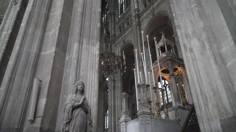 4K Saint Eustache Church Paris Interior Mary Sculpture Tilt Stock Footage 237756135