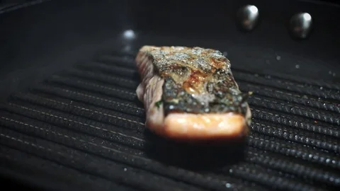 4k Salmon Fish Cooking Process in Pan Video stock 80970837