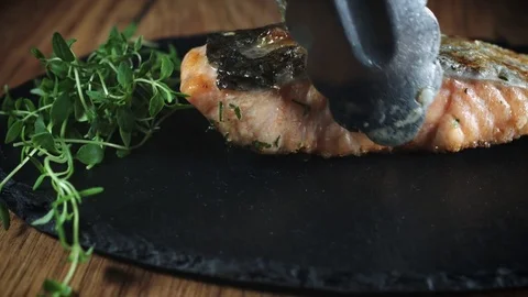 4k Salmon Fish Cooking Process Stock Footage 80974137