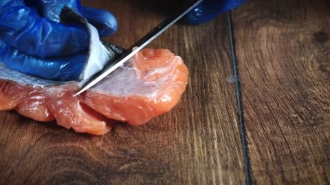 4k Salmon Fish Cooking Process, Cleaning Stock Footage 80977146