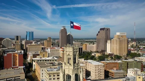4K San Antonio Texas Aerial Business District Texas Flag Tx Landscape Drone Stock Footage