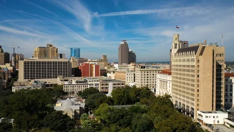4K San Antonio Tx Drone Dolly Right Afternoon Texas Flag Texas Landscape Stock Footage 119714841
