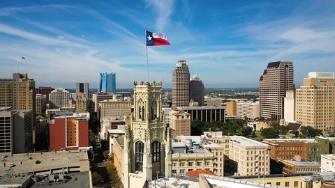 4K San Antonio Tx Fast Orbit Drone Aerial Rotate Downtown Background Cityscape Stock Footage 119721273