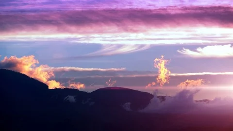 4K Scarlet Purple Clouds Sunset Mountains, Pink Evening Sky Silhouette Landscape Video stock 80437096