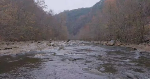 4K Scenic River Flowing Through Rocky Terrain and Lush Forest Landscape Stock Footage 333900431